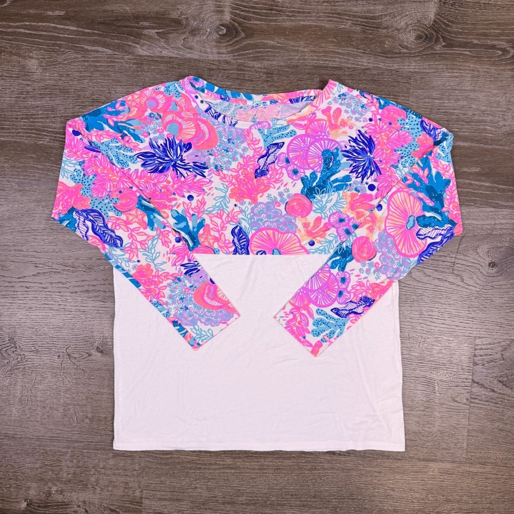 Lilly Pulitzer Finn Top L/S Cotton Blend Floral Sea Coral‎ Size S Beach Summer